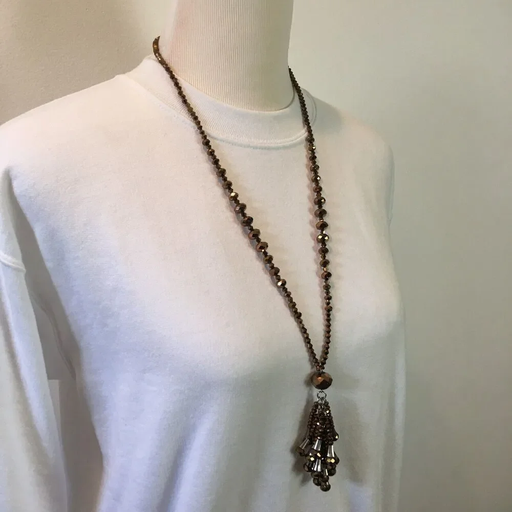 Handmade Tassel Necklace 33in Bronze Metallic Coated Glass Beads